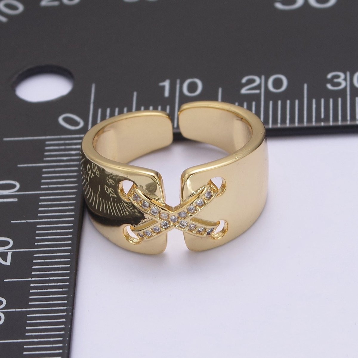24K Gold plated Cross X Ribbon Tied Ring, Thick Statement Gold & Silver Open Adjustable Ring U-533 U-534