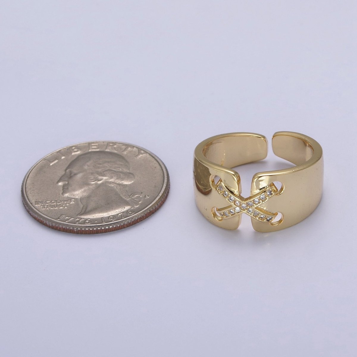 24K Gold plated Cross X Ribbon Tied Ring, Thick Statement Gold & Silver Open Adjustable Ring U-533 U-534