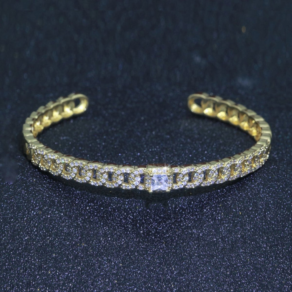 24K Gold plated Cuban Curb Chain Bracelet With CZ Stones Wholesale Open Adjustable Bangle Fashion Jewelry | WA-072 Clearance Pricing - DLUXCA