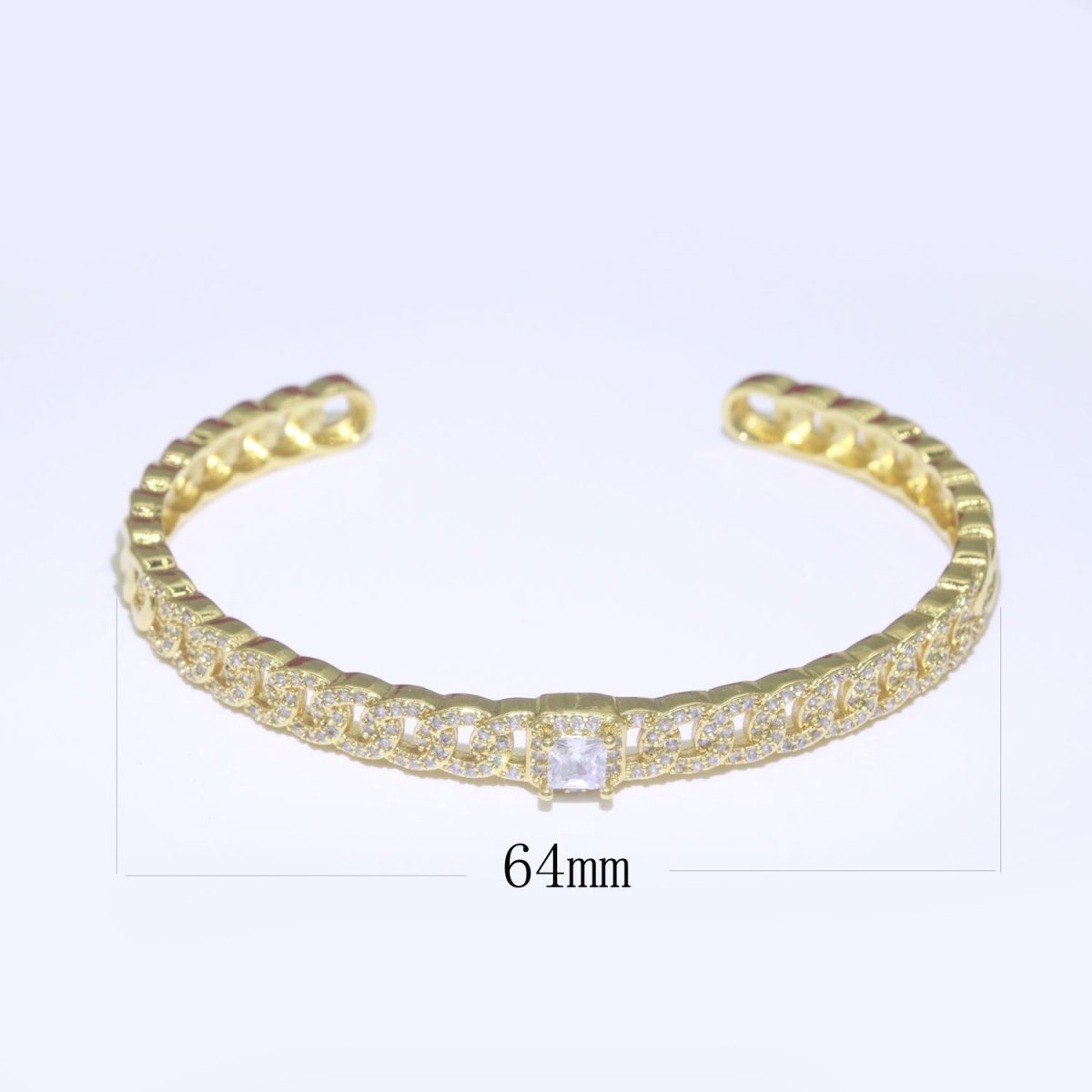 24K Gold plated Cuban Curb Chain Bracelet With CZ Stones Wholesale Open Adjustable Bangle Fashion Jewelry | WA-072 Clearance Pricing - DLUXCA
