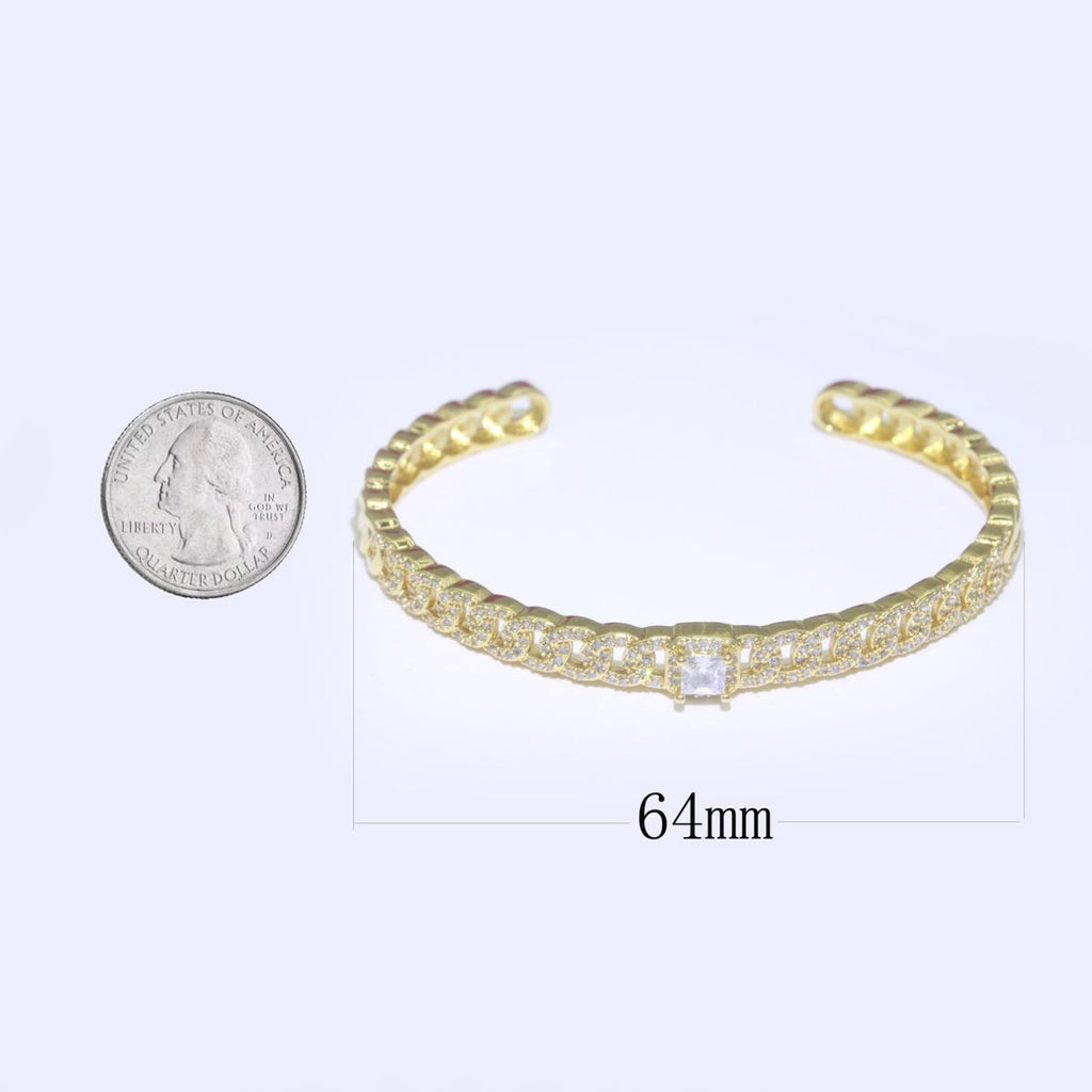 24K Gold plated Cuban Curb Chain Bracelet With CZ Stones Wholesale Open Adjustable Bangle Fashion Jewelry | WA-072 Clearance Pricing - DLUXCA