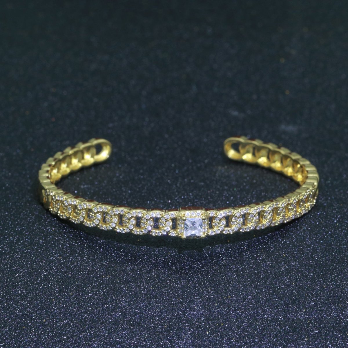 24K Gold plated Cuban Curb Chain Bracelet With CZ Stones Wholesale Open Adjustable Bangle Fashion Jewelry | WA-072 Clearance Pricing - DLUXCA