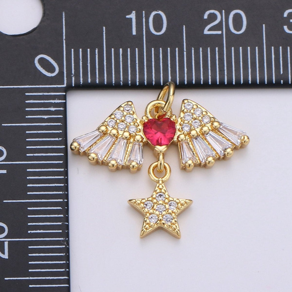 24k Gold plated Cubic Angel wing heart charms Gold Star Charm Celestial Jewelry Making Supply, D-626 - DLUXCA