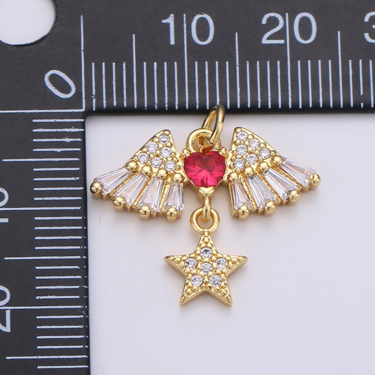 24k Gold plated Cubic Angel wing heart charms Gold Star Charm Celestial Jewelry Making Supply, D-626 - DLUXCA