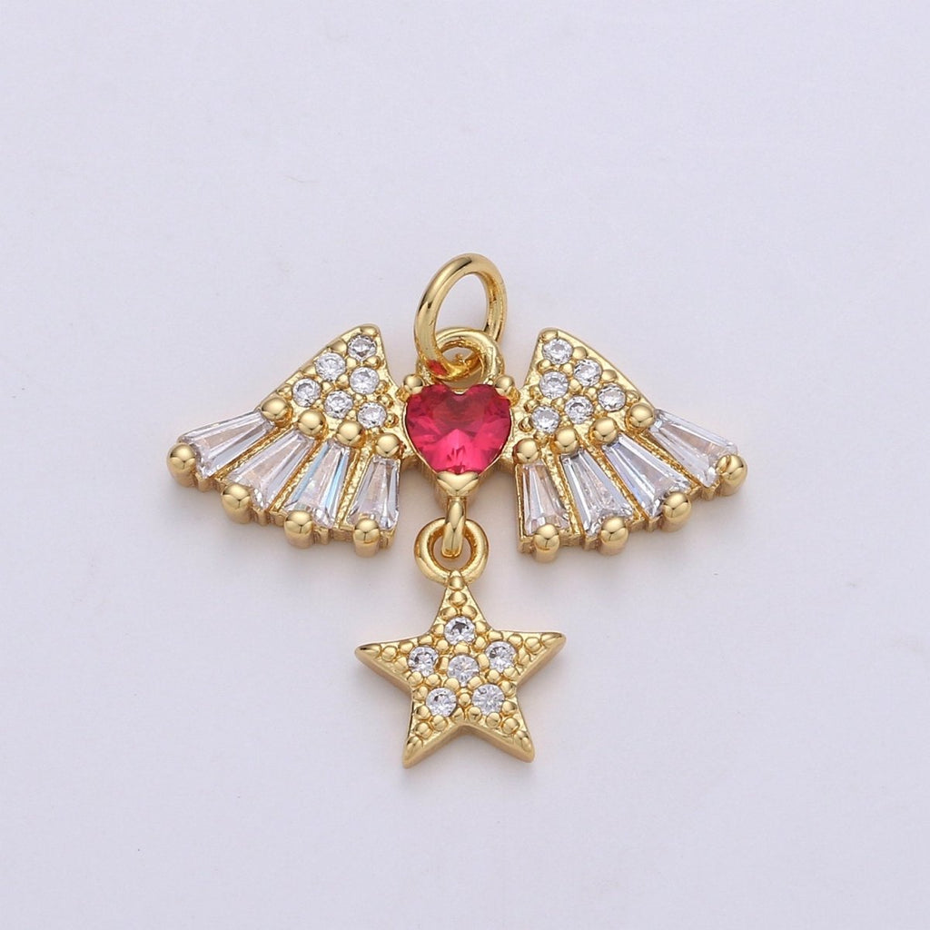 24k Gold plated Cubic Angel wing heart charms Gold Star Charm Celestial Jewelry Making Supply, D-626 - DLUXCA