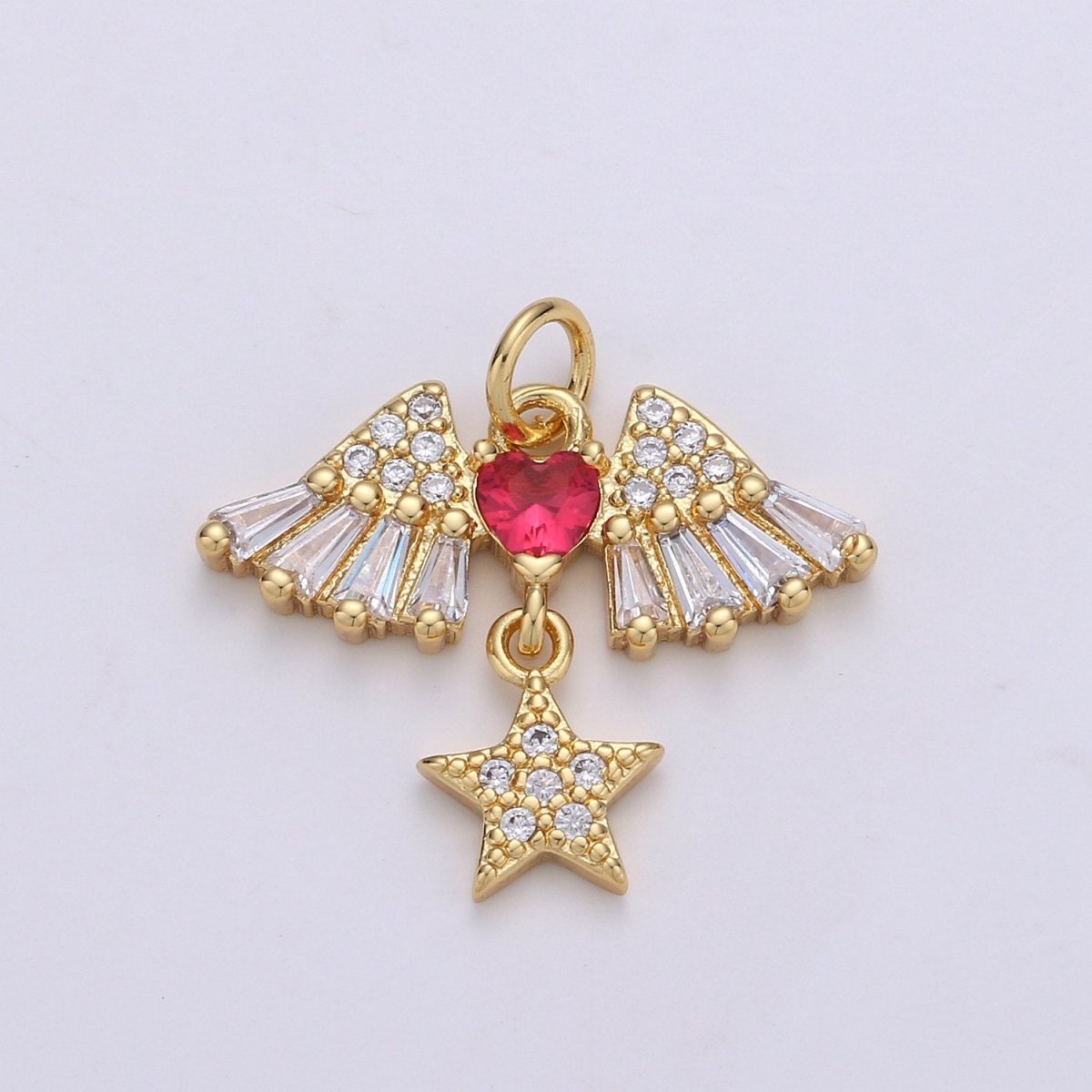 24k Gold plated Cubic Angel wing heart charms Gold Star Charm Celestial Jewelry Making Supply, D-626 - DLUXCA