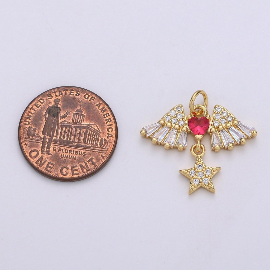 24k Gold plated Cubic Angel wing heart charms Gold Star Charm Celestial Jewelry Making Supply, D-626 - DLUXCA