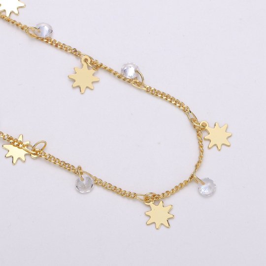 24K Gold plated Curb Chain by Yard, Polaris Star CZ Charm Specialty Link Chain by Yard, Unfinished Designed Curb Chain For Jewelry Making | ROLL-324 Clearance Pricing - DLUXCA