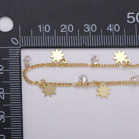 24K Gold plated Curb Chain by Yard, Polaris Star CZ Charm Specialty Link Chain by Yard, Unfinished Designed Curb Chain For Jewelry Making | ROLL-324 Clearance Pricing - DLUXCA