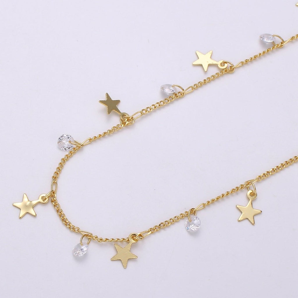 24K Gold plated Curb Twisted Chain By Yard, Star CZ Charm Twisted Linked Chain by Yard, Designed Curb Unfinished Chain For Jewelry Making | ROLL-325 Clearance Pricing - DLUXCA
