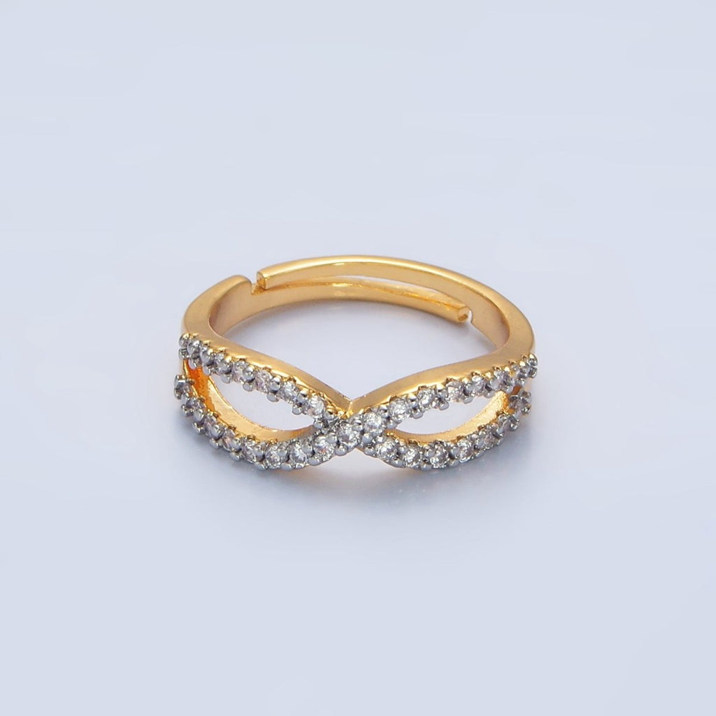 24K Gold plated Curved Ribbon Micro Paved CZ Mixed Metal Ring | O1409 - DLUXCA