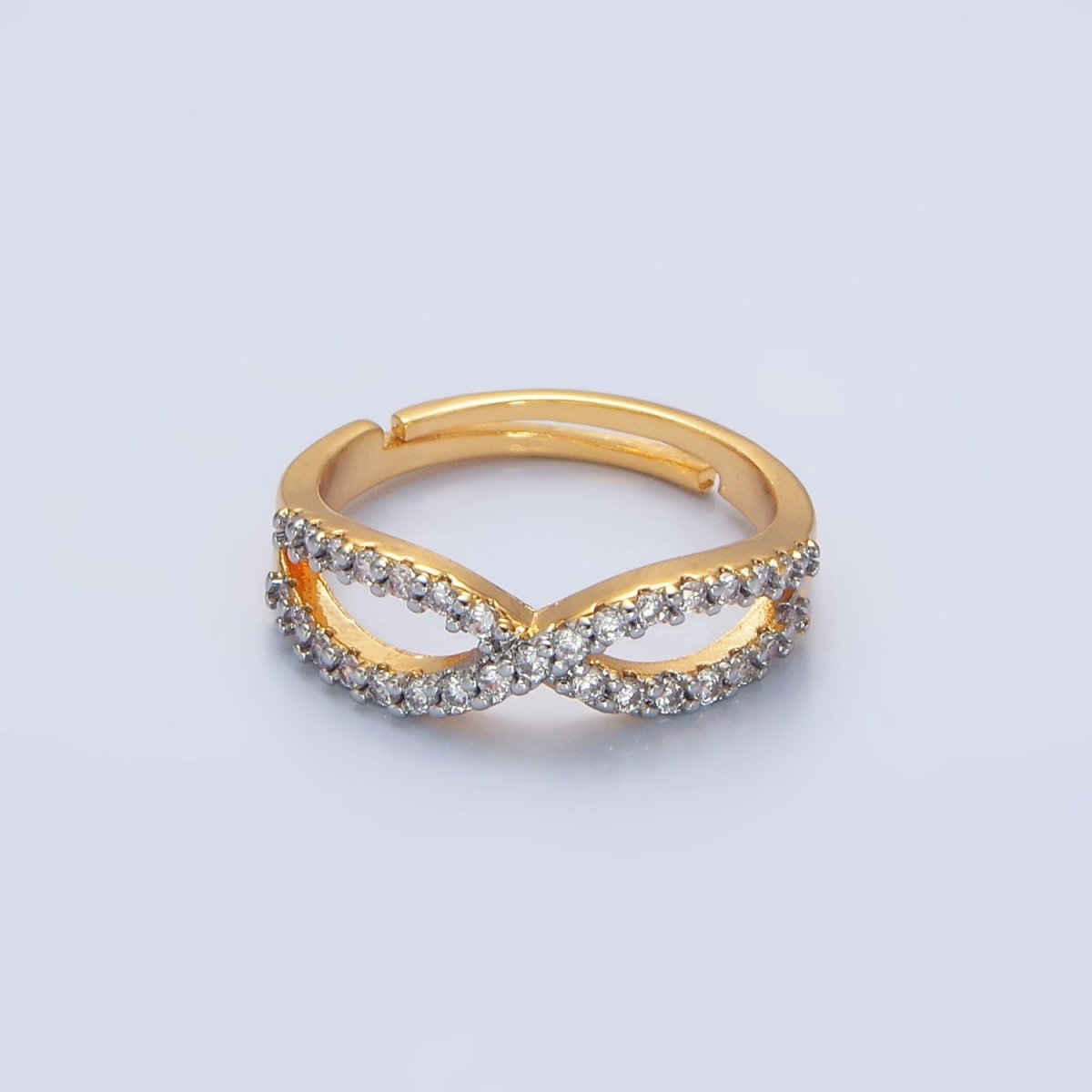 24K Gold plated Curved Ribbon Micro Paved CZ Mixed Metal Ring | O1409 - DLUXCA