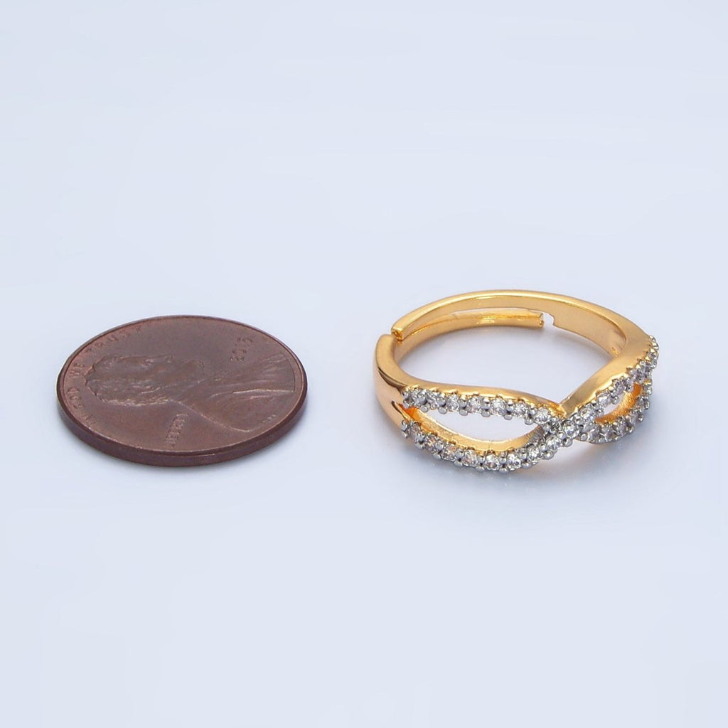 24K Gold plated Curved Ribbon Micro Paved CZ Mixed Metal Ring | O1409 - DLUXCA