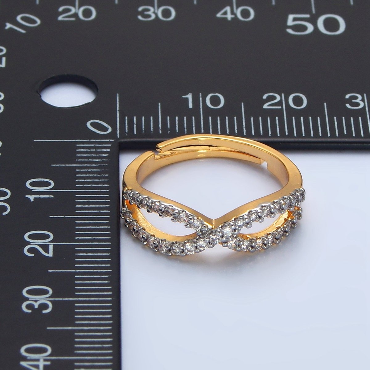 24K Gold plated Curved Ribbon Micro Paved CZ Mixed Metal Ring | O1409 - DLUXCA