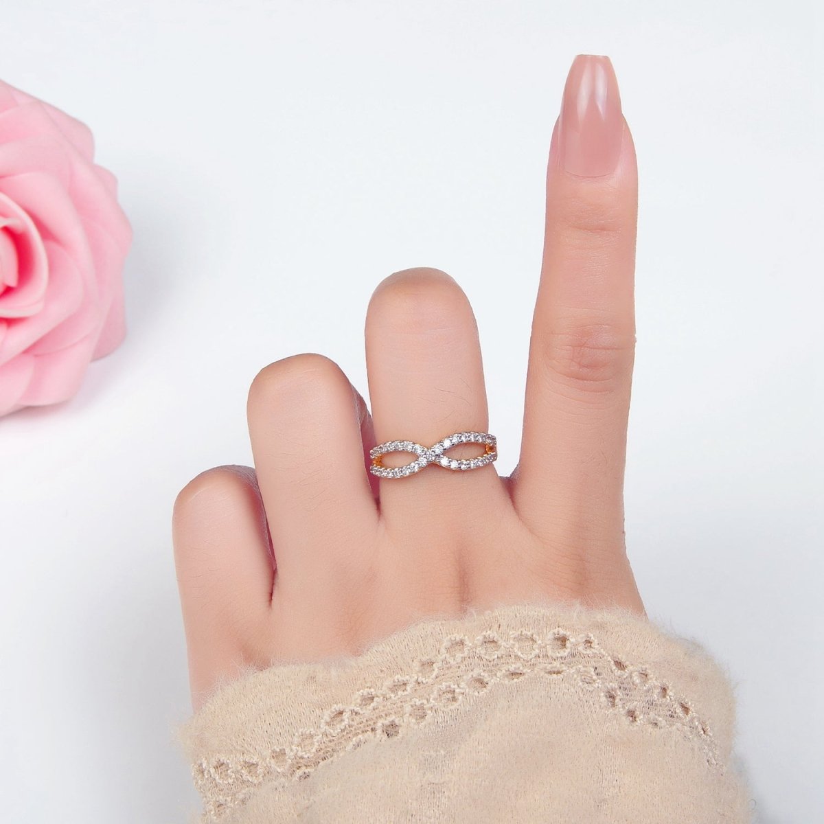 24K Gold plated Curved Ribbon Micro Paved CZ Mixed Metal Ring | O1409 - DLUXCA