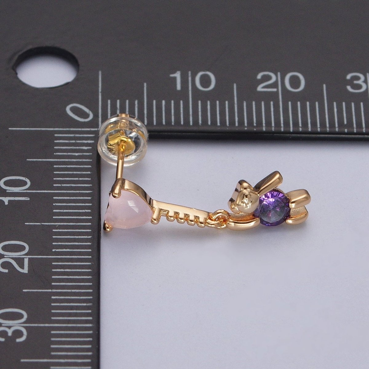 24K Gold plated Cute CZ Pink Heart Studs with Tiny Bear Purple Cubic Zirconia Charm Dangle Earrings, P-323 - DLUXCA