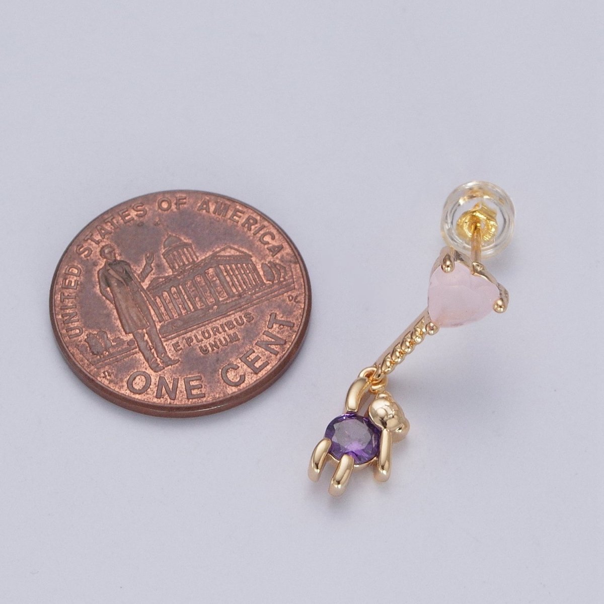 24K Gold plated Cute CZ Pink Heart Studs with Tiny Bear Purple Cubic Zirconia Charm Dangle Earrings, P-323 - DLUXCA