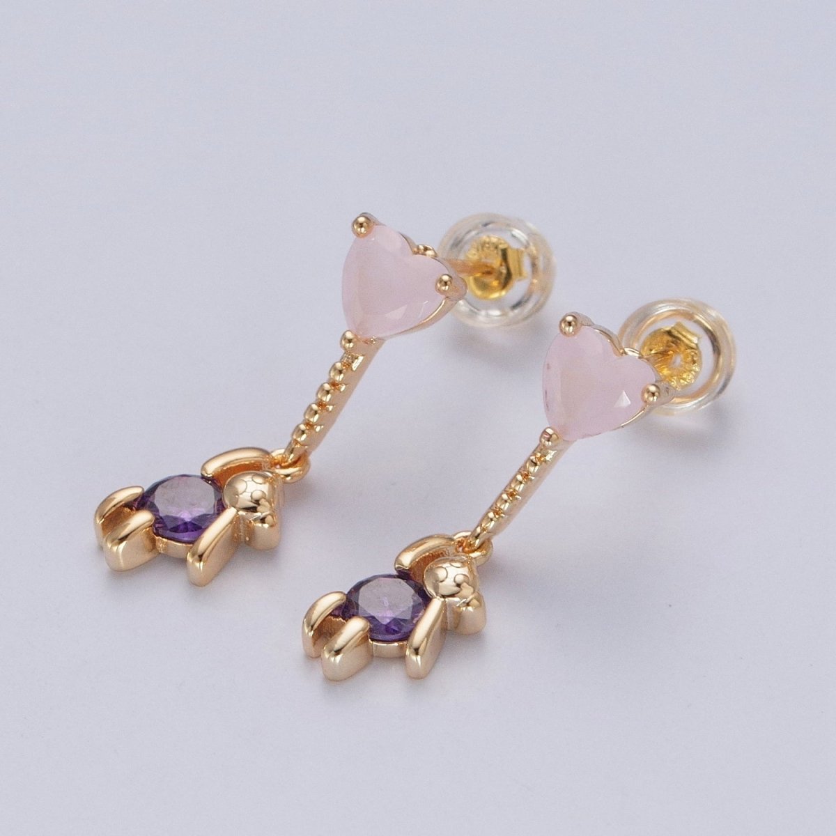 24K Gold plated Cute CZ Pink Heart Studs with Tiny Bear Purple Cubic Zirconia Charm Dangle Earrings, P-323 - DLUXCA