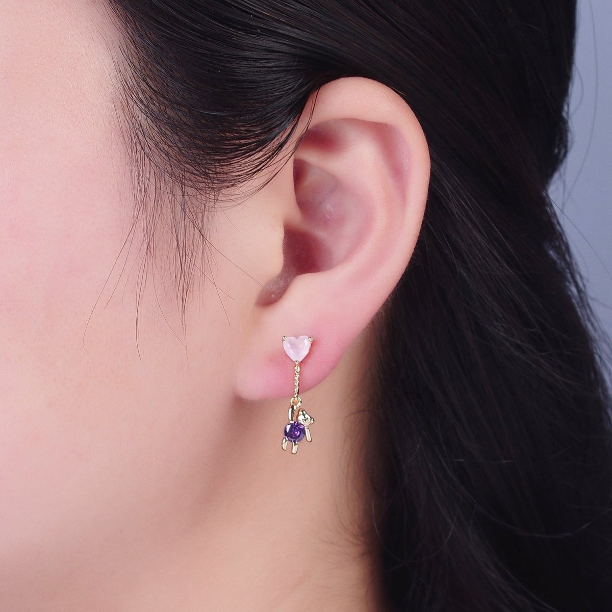 24K Gold plated Cute CZ Pink Heart Studs with Tiny Bear Purple Cubic Zirconia Charm Dangle Earrings, P-323 - DLUXCA