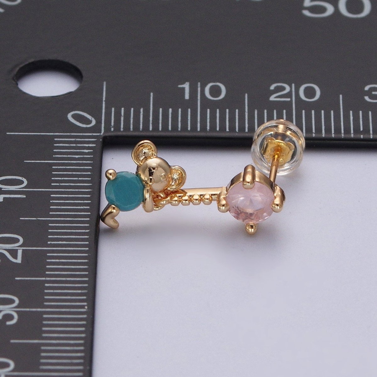 24K Gold plated Cute CZ Pink Round Studs with Tiny Mouse Blue Cubic Zirconia Charm Dangle P-324 - DLUXCA