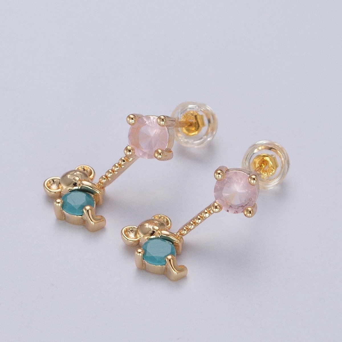24K Gold plated Cute CZ Pink Round Studs with Tiny Mouse Blue Cubic Zirconia Charm Dangle P-324 - DLUXCA
