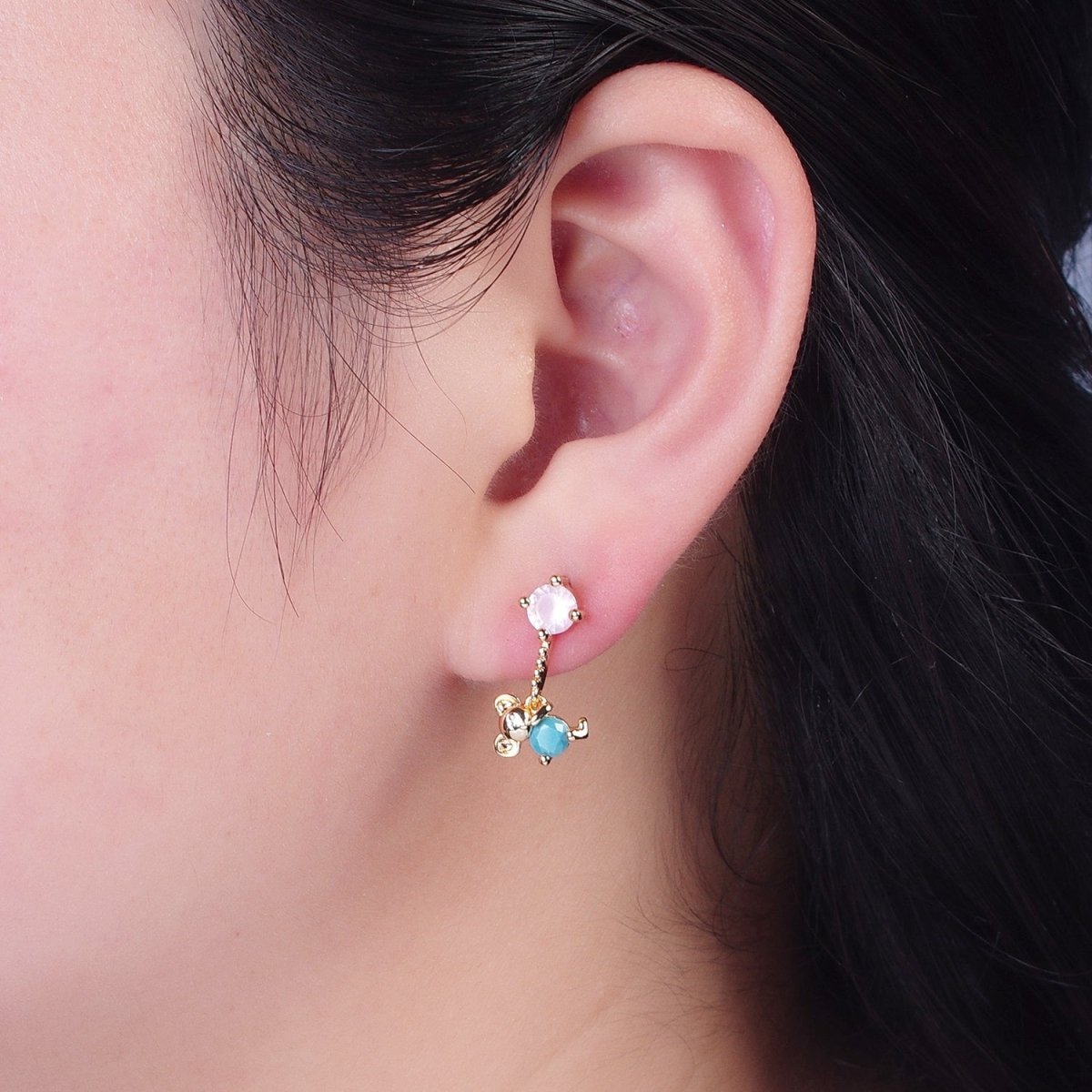 24K Gold plated Cute CZ Pink Round Studs with Tiny Mouse Blue Cubic Zirconia Charm Dangle P-324 - DLUXCA
