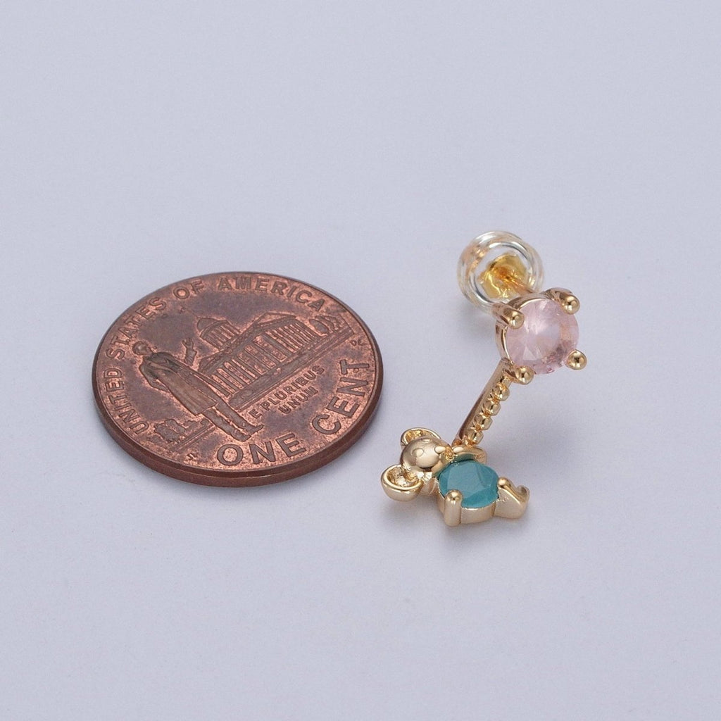 24K Gold plated Cute CZ Pink Round Studs with Tiny Mouse Blue Cubic Zirconia Charm Dangle P-324 - DLUXCA