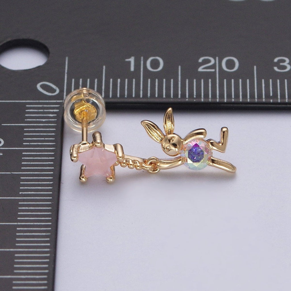24K Gold plated Cute CZ Pink Star Studs with Tiny Rabbit Charm Clear Cubic Zirconia Dangle Earrings, P-322 - DLUXCA