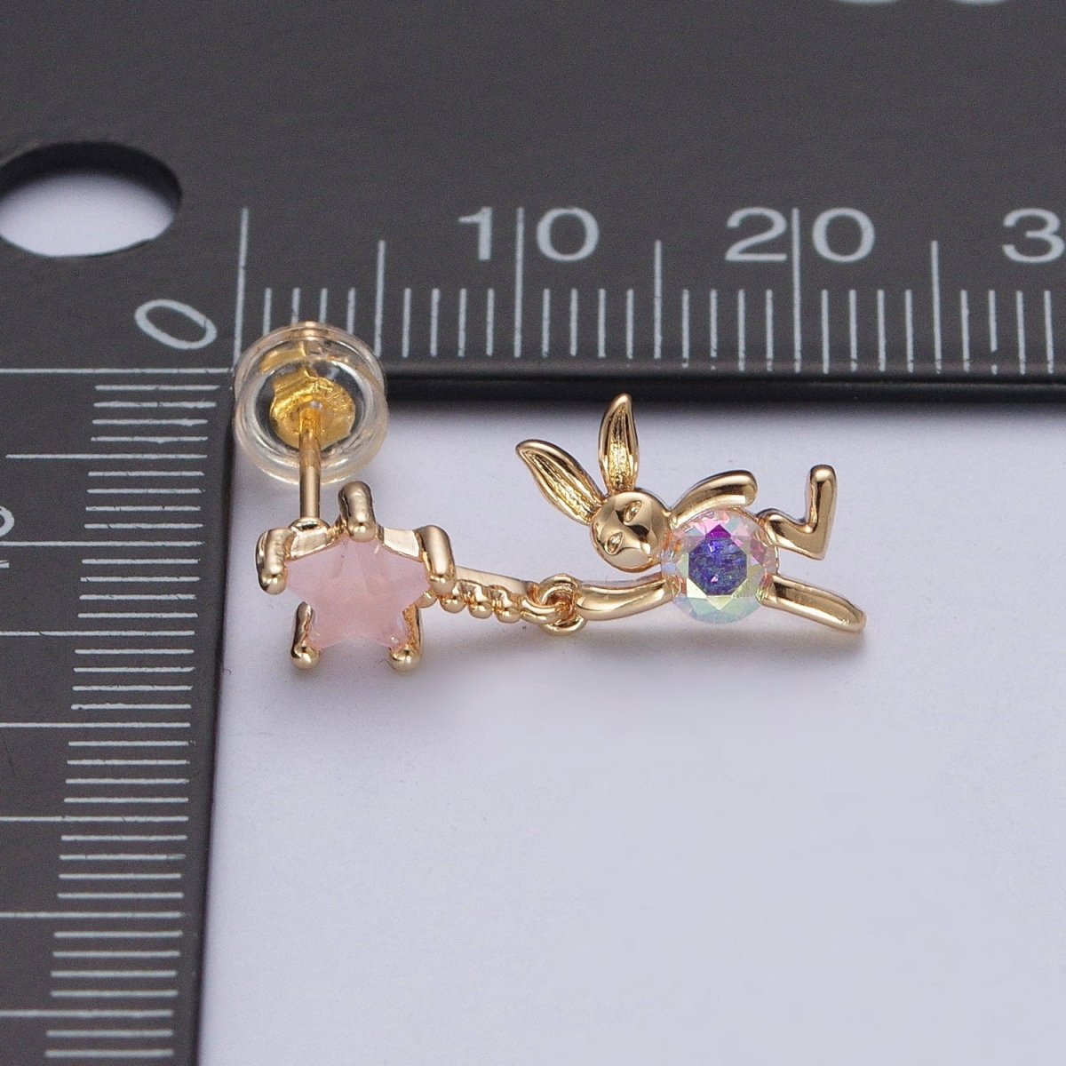 24K Gold plated Cute CZ Pink Star Studs with Tiny Rabbit Charm Clear Cubic Zirconia Dangle Earrings, P-322 - DLUXCA