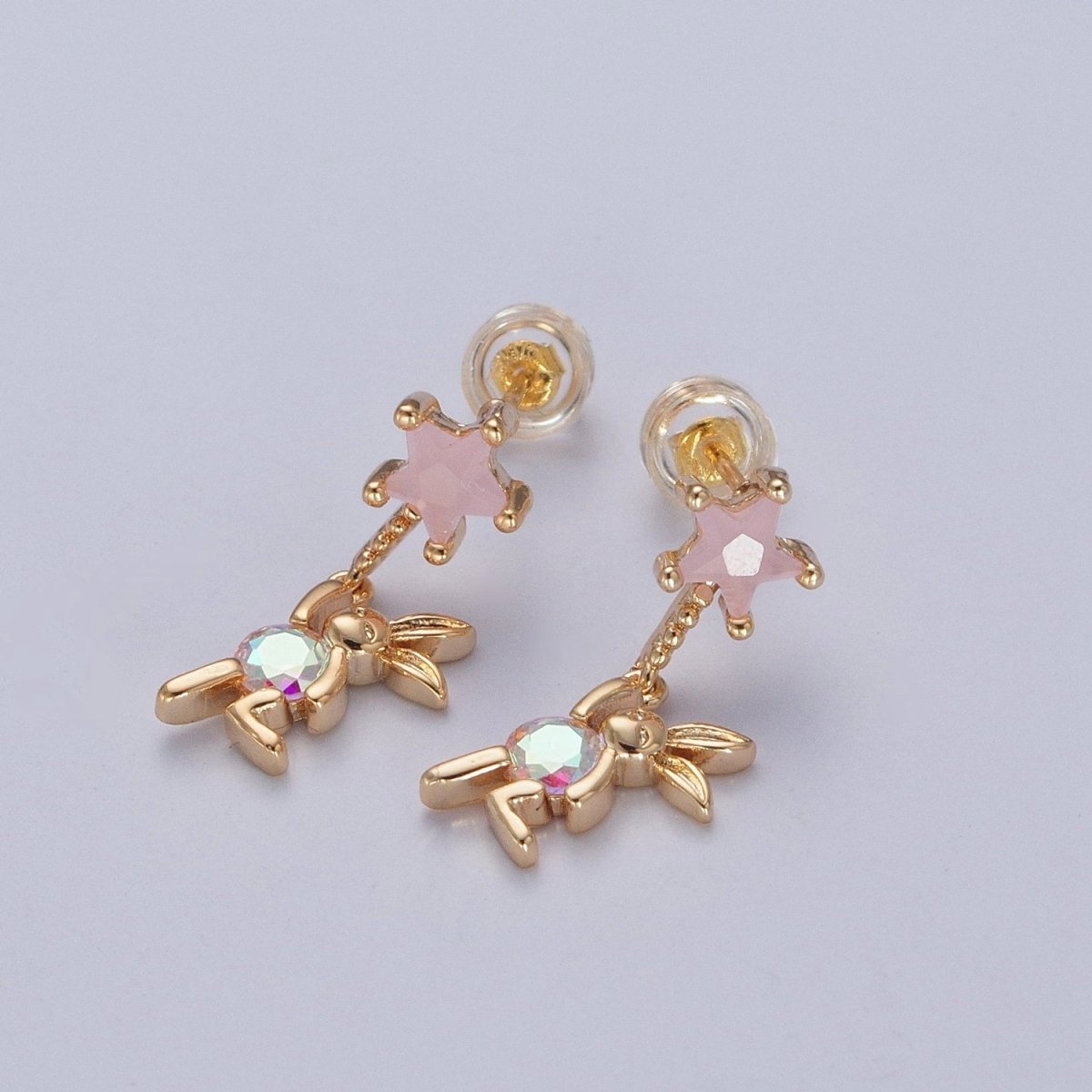 24K Gold plated Cute CZ Pink Star Studs with Tiny Rabbit Charm Clear Cubic Zirconia Dangle Earrings, P-322 - DLUXCA