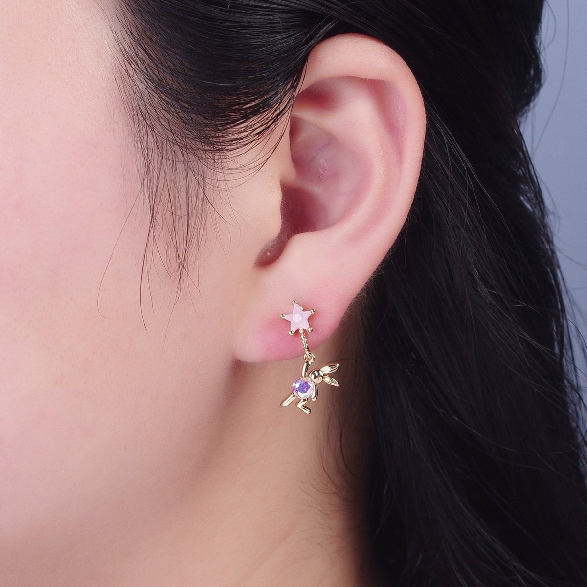 24K Gold plated Cute CZ Pink Star Studs with Tiny Rabbit Charm Clear Cubic Zirconia Dangle Earrings, P-322 - DLUXCA