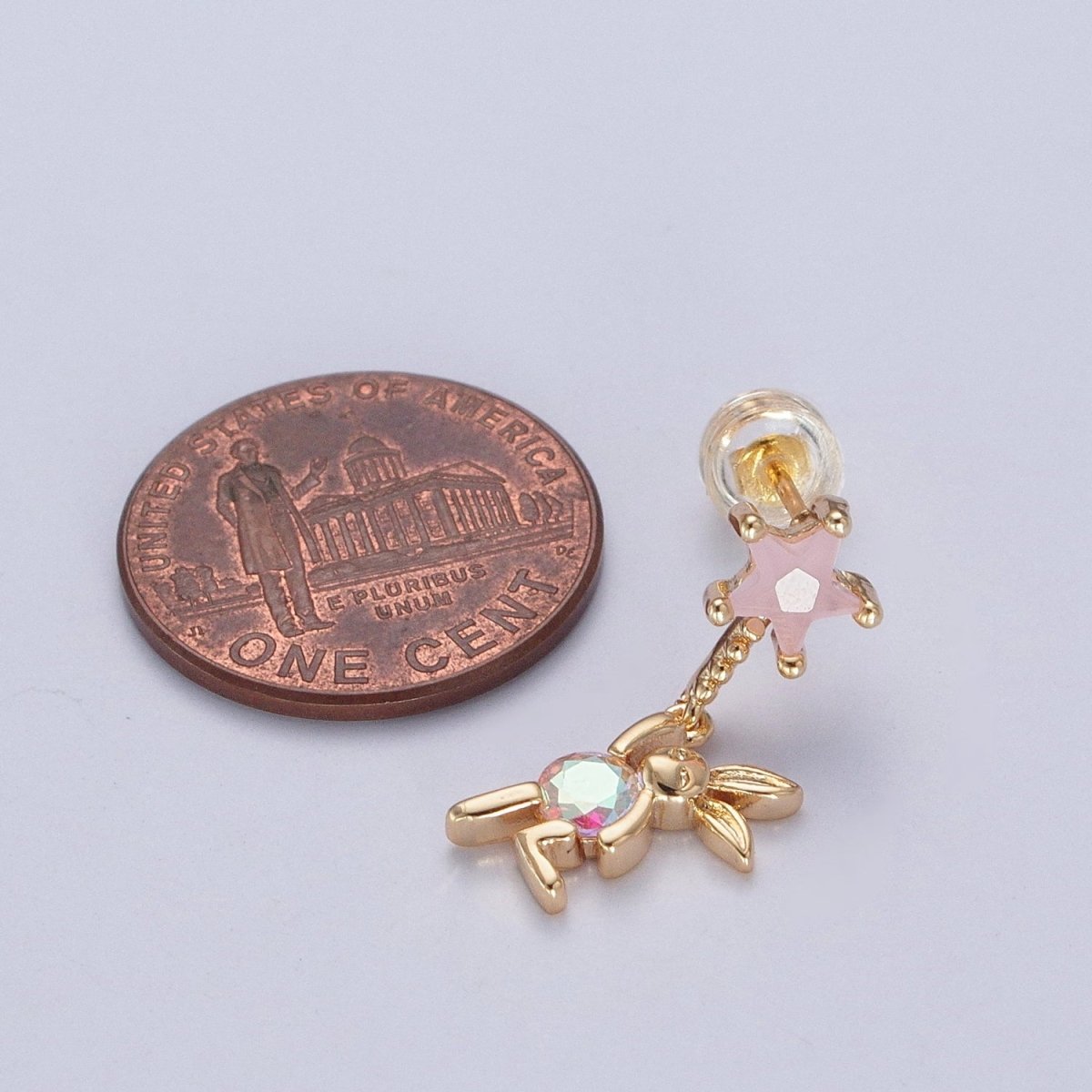 24K Gold plated Cute CZ Pink Star Studs with Tiny Rabbit Charm Clear Cubic Zirconia Dangle Earrings, P-322 - DLUXCA