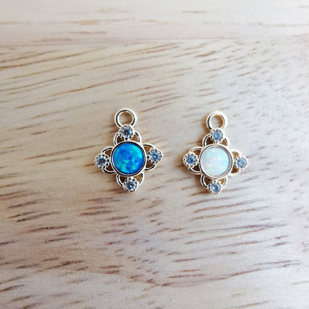 24K Gold plated Cute Opal Flower Micro Pave CZ Charms, Dainty Blue Floral Cubic Zirconia Charm Bracelet Earring Necklace for Jewelry Making E-546 E-547