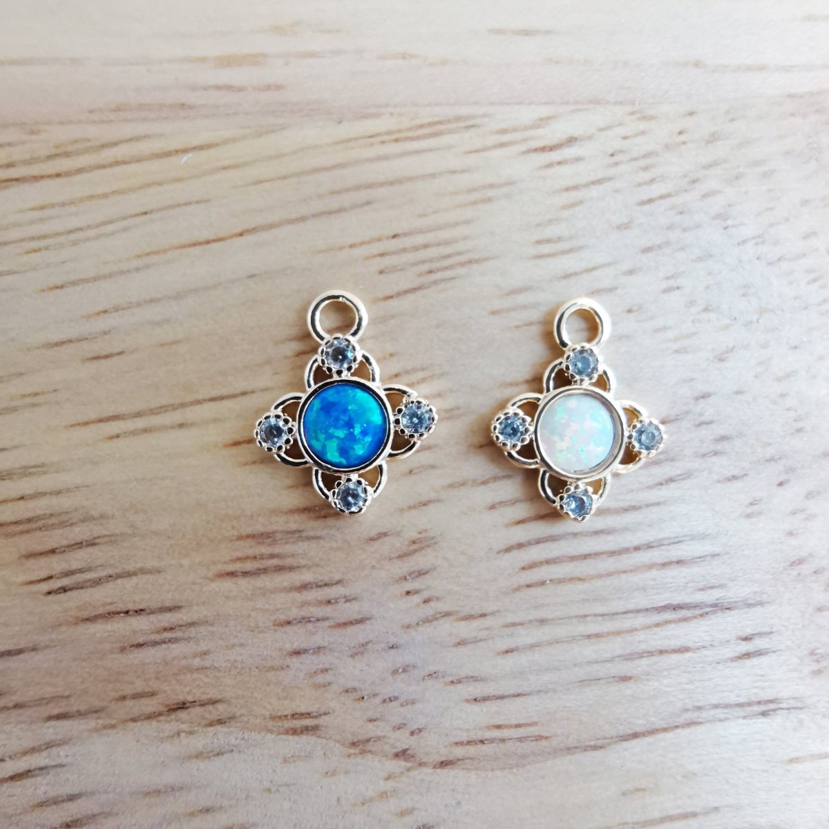 24K Gold plated Cute Opal Flower Micro Pave CZ Charms, Dainty Blue Floral Cubic Zirconia Charm Bracelet Earring Necklace for Jewelry Making E-546 E-547