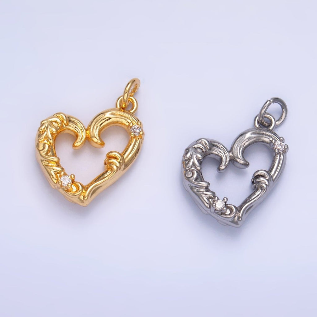 24K Gold plated CZ Artisan Heart Charm in Gold & Silver | W372