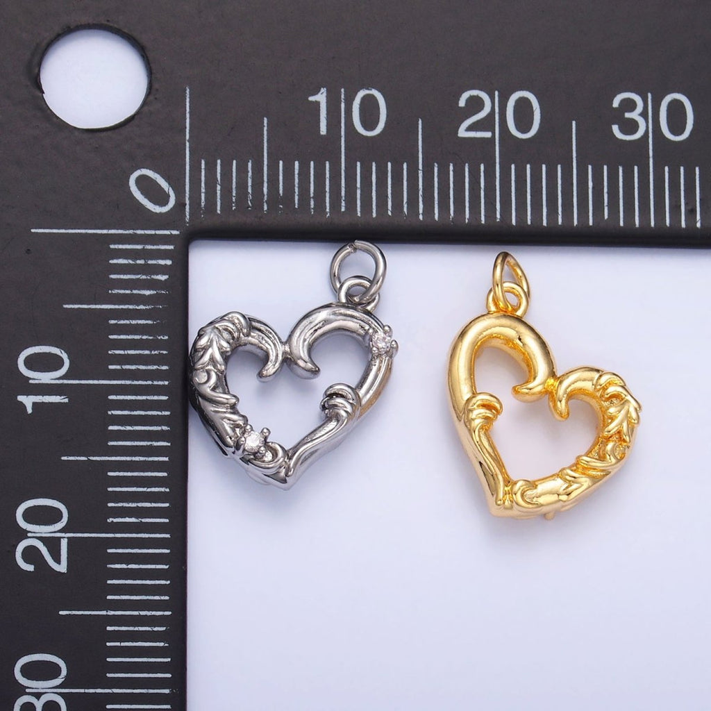 24K Gold plated CZ Artisan Heart Charm in Gold & Silver | W372