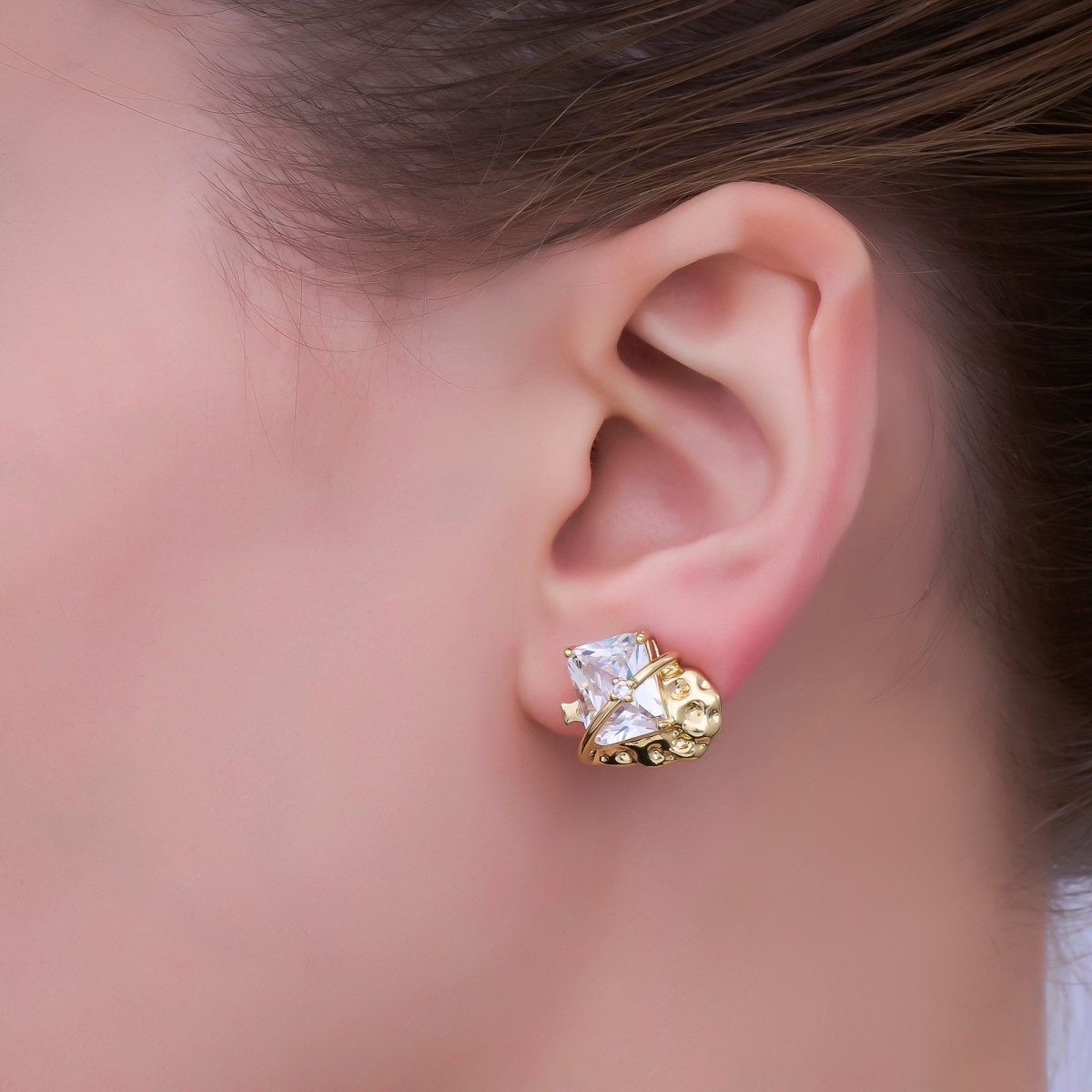 24K Gold plated CZ Baguette Star Galaxy Celestial Stud Earrings | AB733 