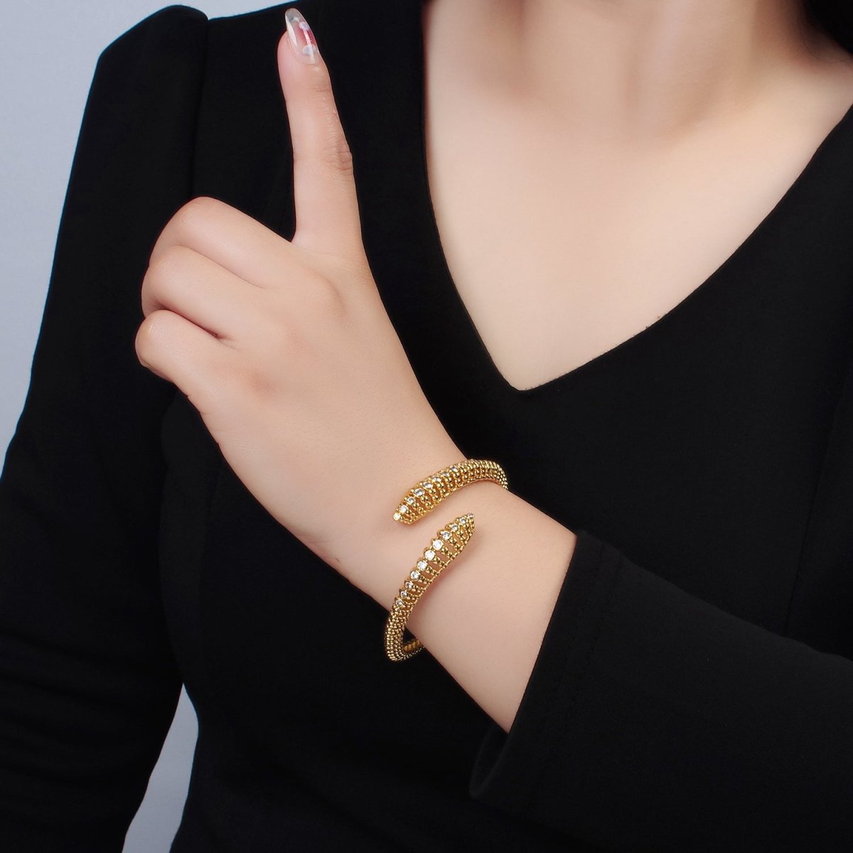 24K Gold plated CZ Beaded Bubble Dotted Open Bangle Cuff Bracelet | WA - 2560 - DLUXCA