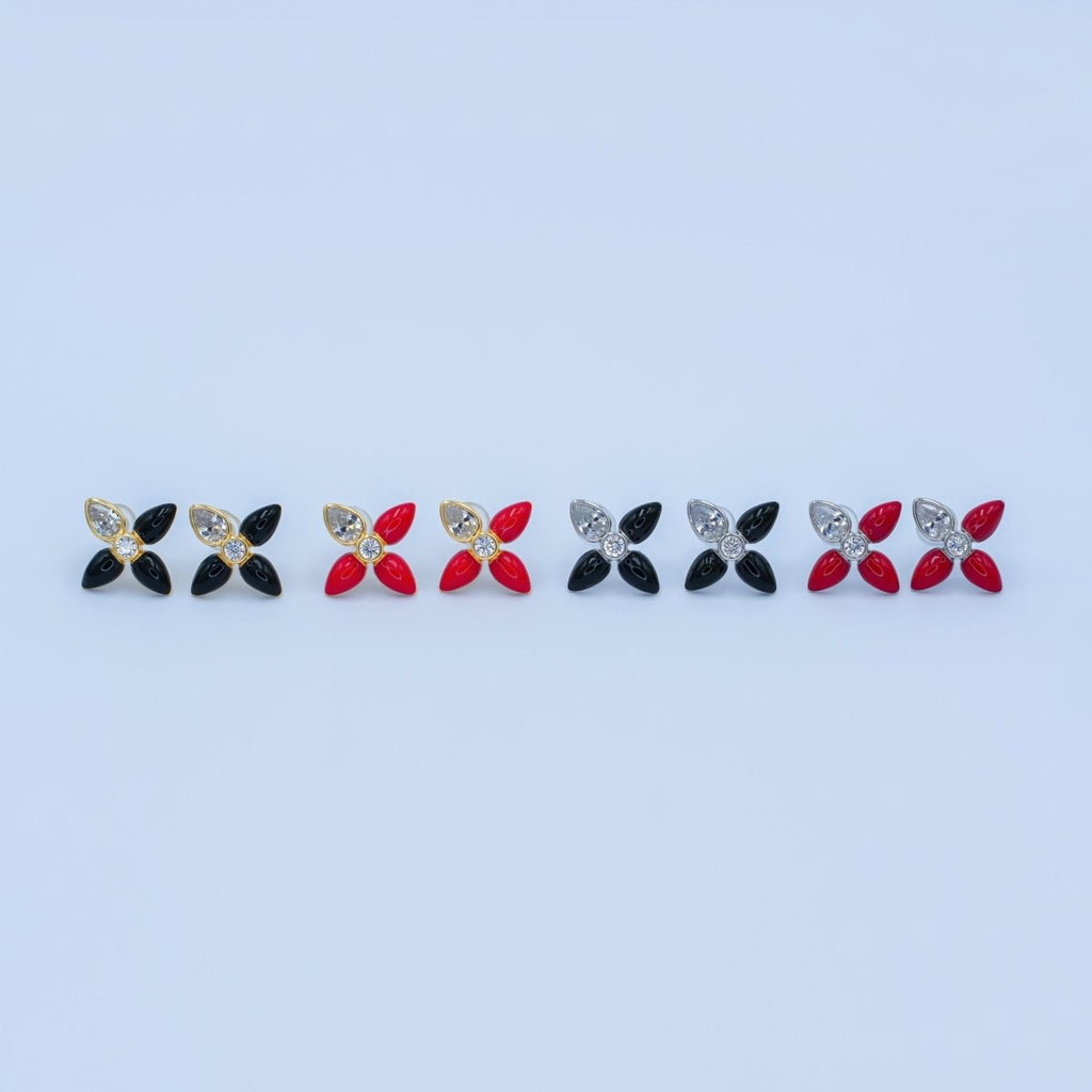 24K Gold plated CZ Black Red Flower Patch Stud Earrings in Gold & Silver | AB197 - DLUXCA