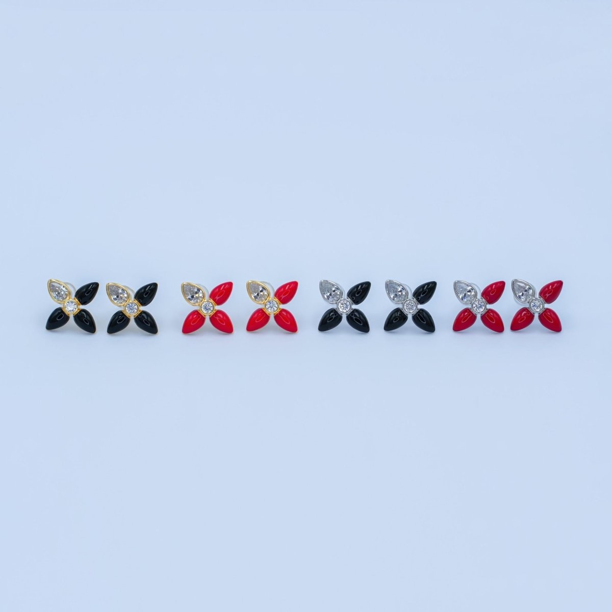 24K Gold plated CZ Black Red Flower Patch Stud Earrings in Gold & Silver | AB197 - DLUXCA