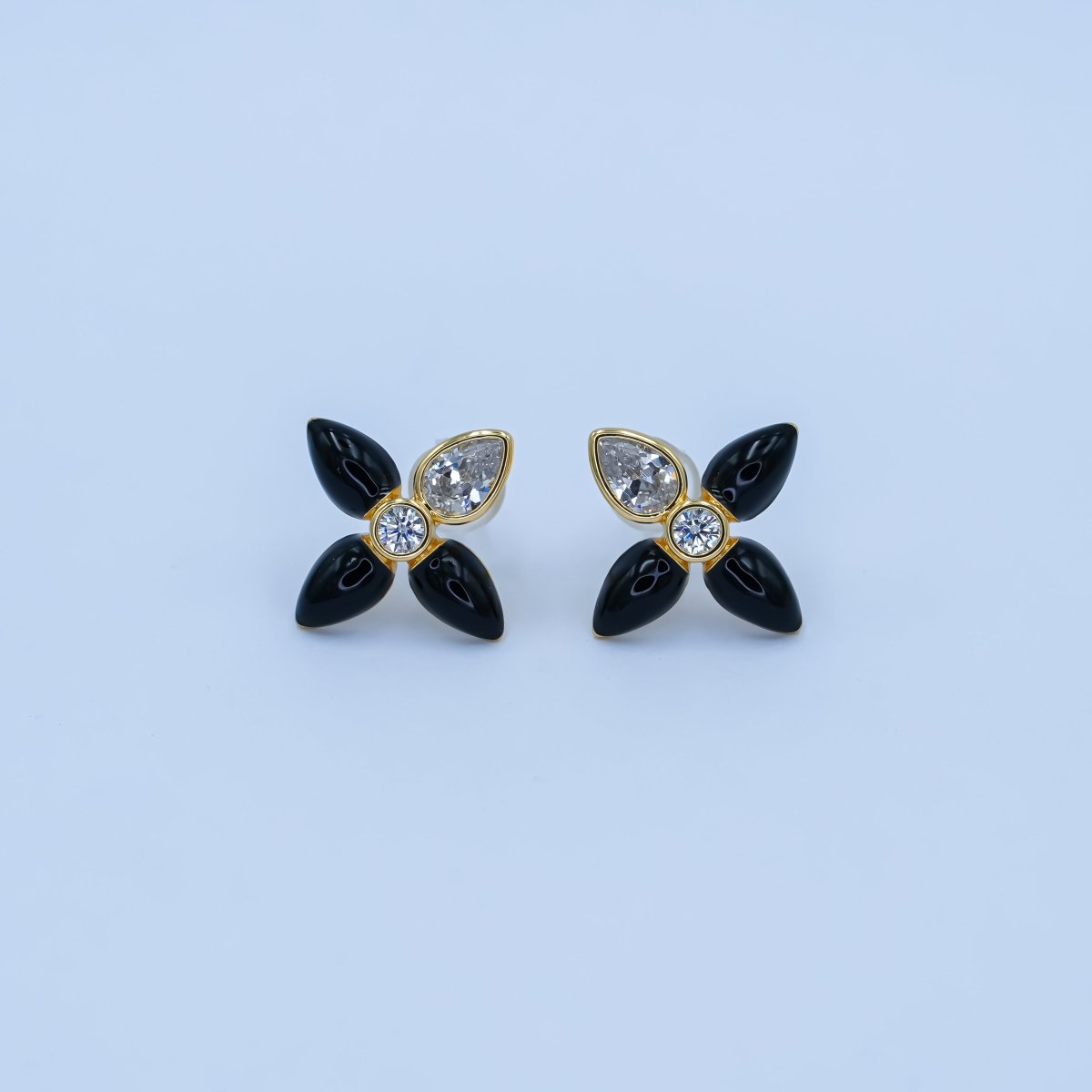 24K Gold plated CZ Black Red Flower Patch Stud Earrings in Gold & Silver | AB197 - DLUXCA