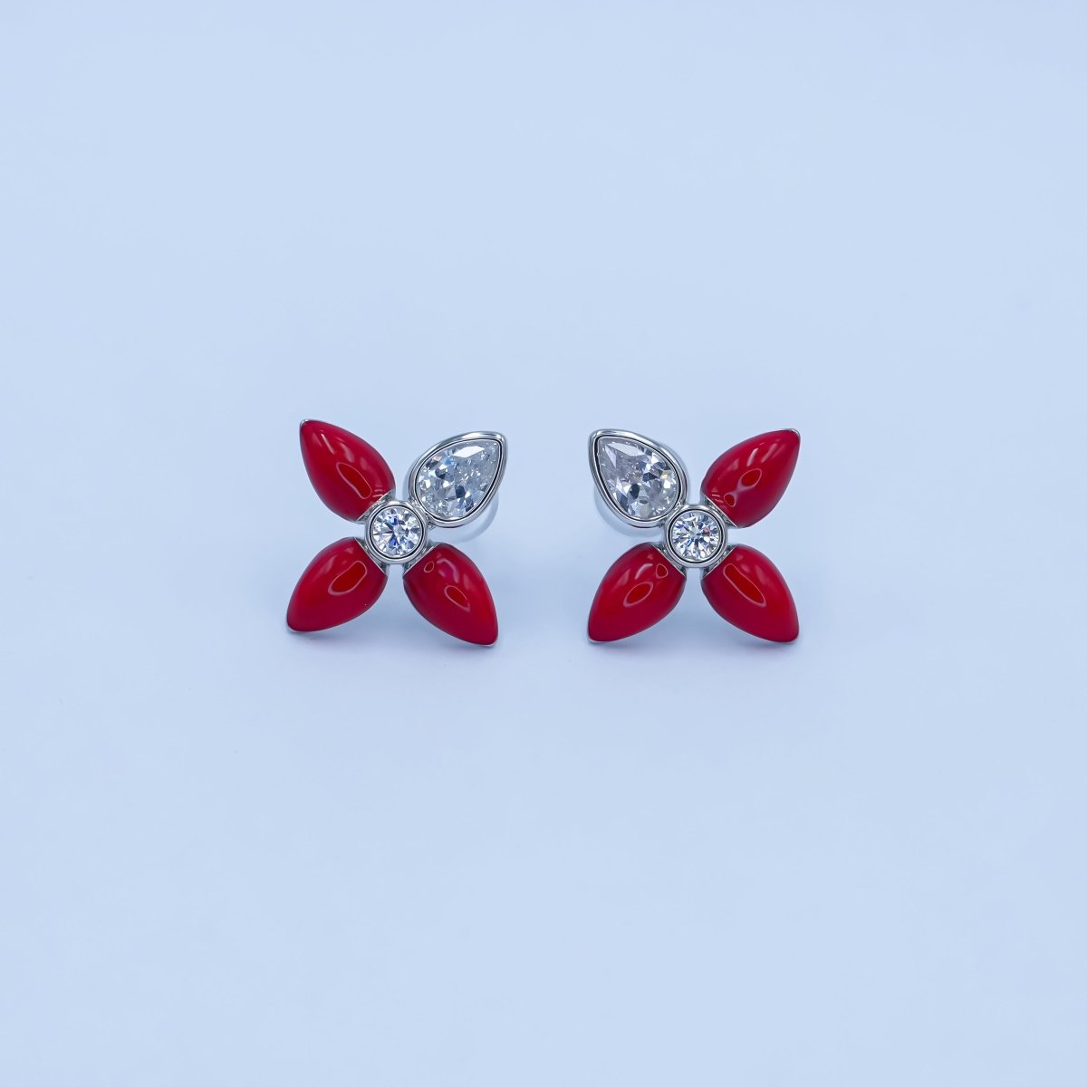 24K Gold plated CZ Black Red Flower Patch Stud Earrings in Gold & Silver | AB197 - DLUXCA