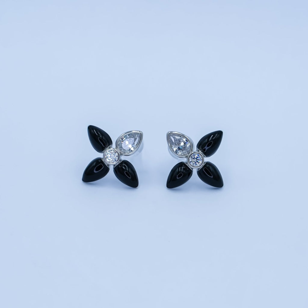 24K Gold plated CZ Black Red Flower Patch Stud Earrings in Gold & Silver | AB197 - DLUXCA