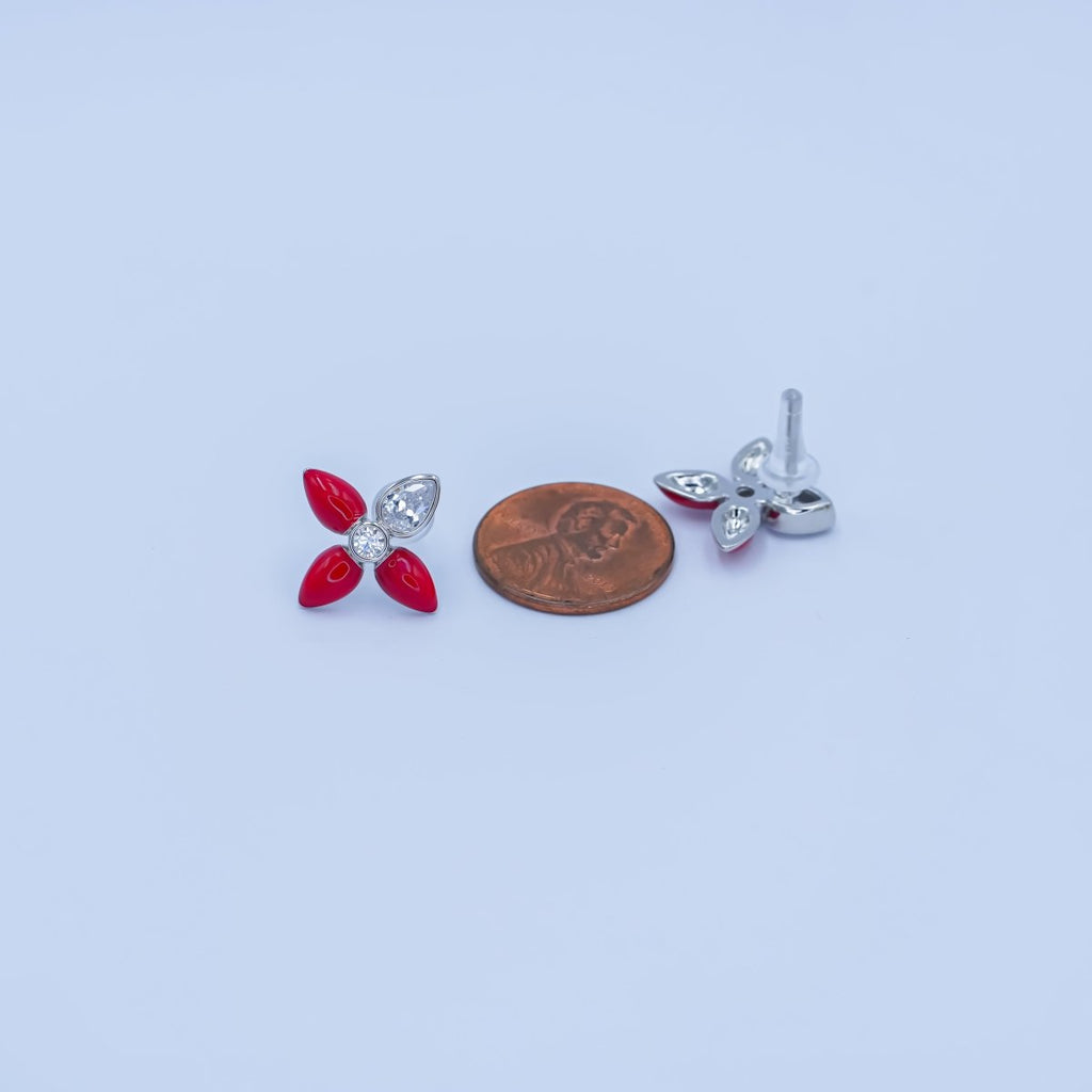 24K Gold plated CZ Black Red Flower Patch Stud Earrings in Gold & Silver | AB197 - DLUXCA