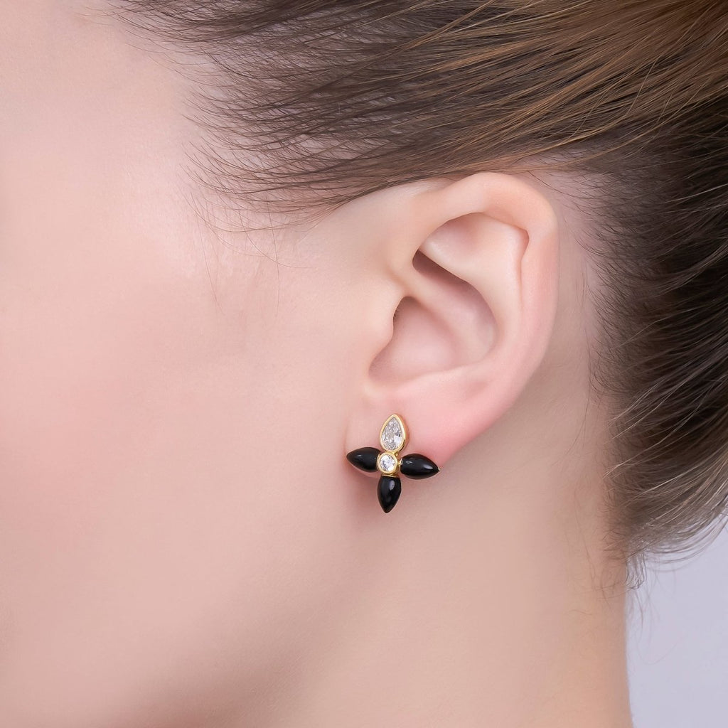 24K Gold plated CZ Black Red Flower Patch Stud Earrings in Gold & Silver | AB197 - DLUXCA