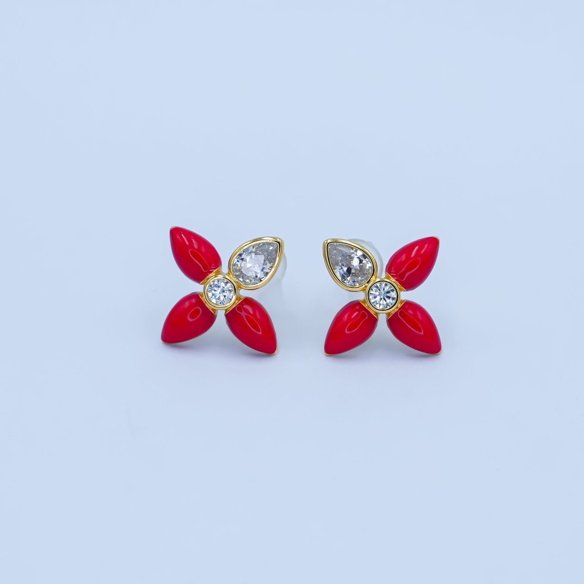 24K Gold plated CZ Black Red Flower Patch Stud Earrings in Gold & Silver | AB197 - DLUXCA