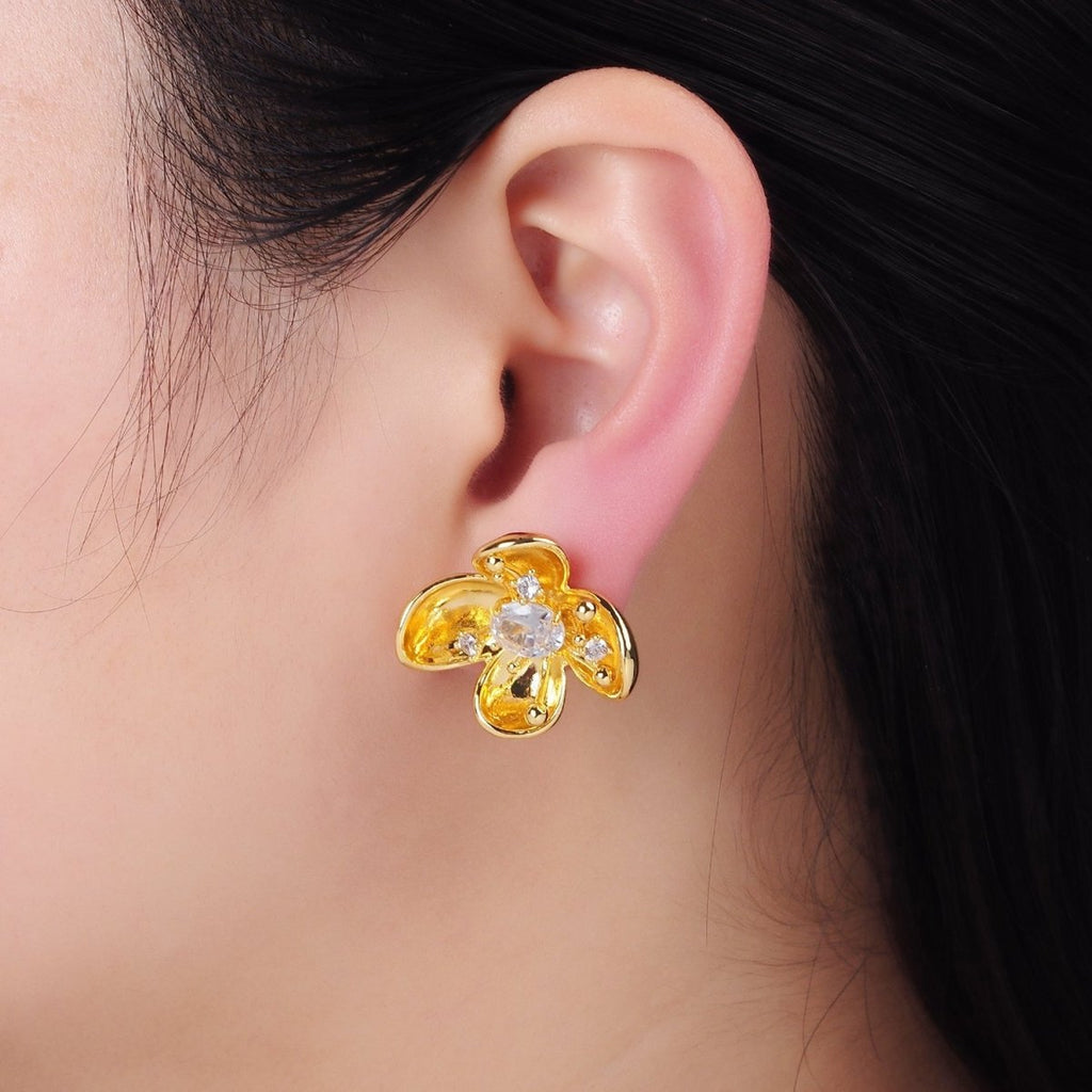 24K Gold plated CZ Bud Foil Flower Stud Earrings | AB1401 - DLUXCA