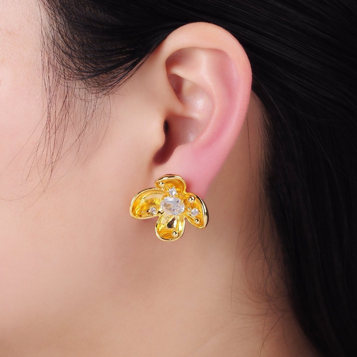 24K Gold plated CZ Bud Foil Flower Stud Earrings | AB1401 - DLUXCA