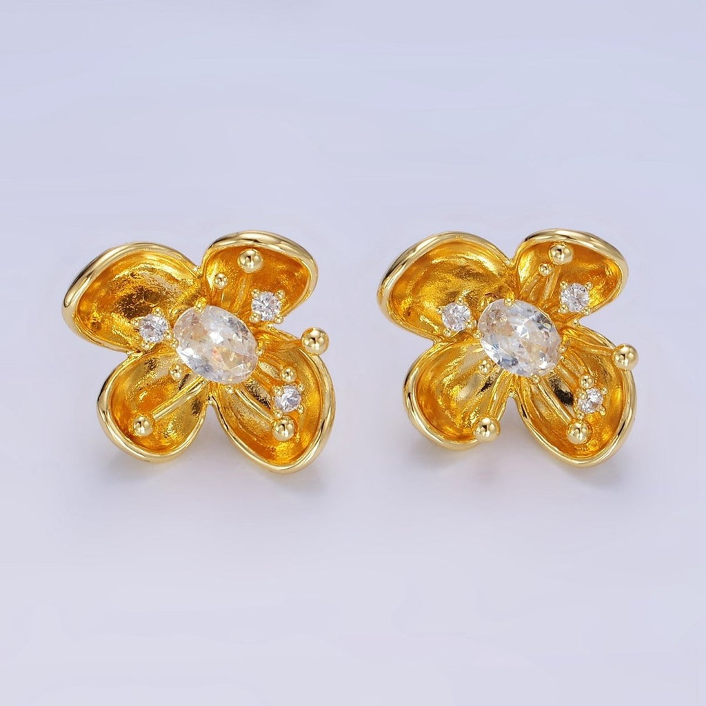 24K Gold plated CZ Bud Foil Flower Stud Earrings | AB1401 - DLUXCA