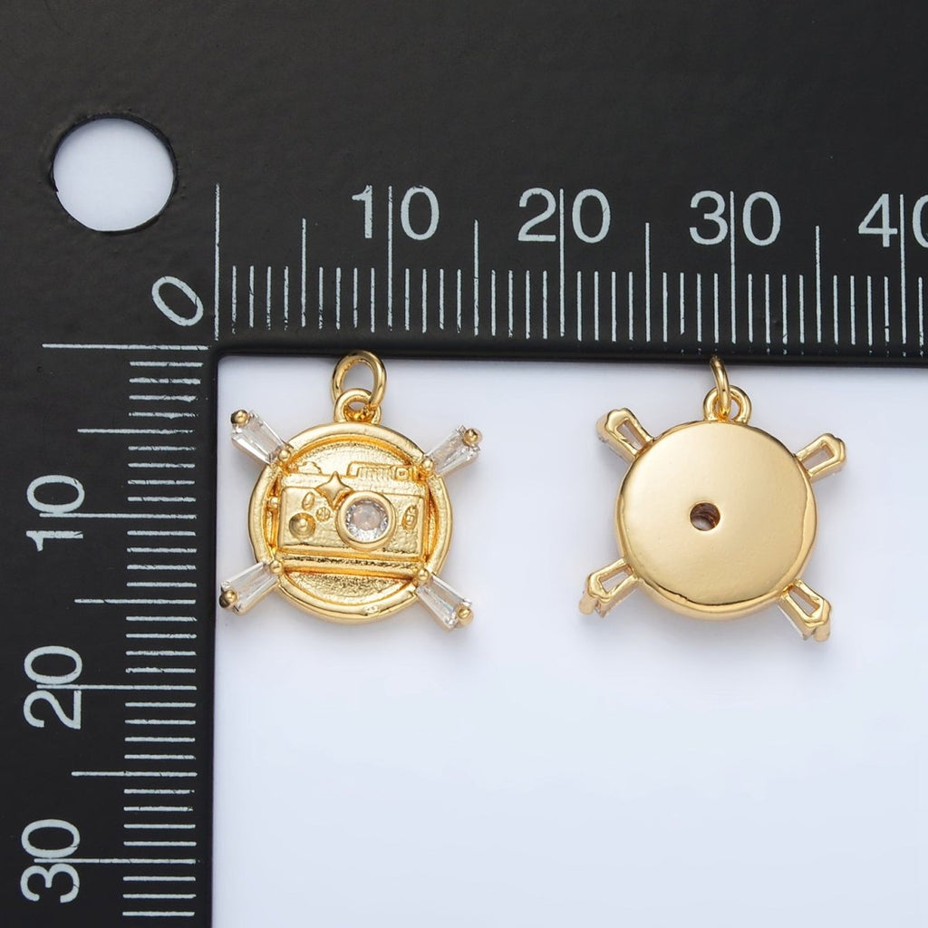 24K Gold plated CZ Camera Round Charm | AC - 146 - DLUXCA